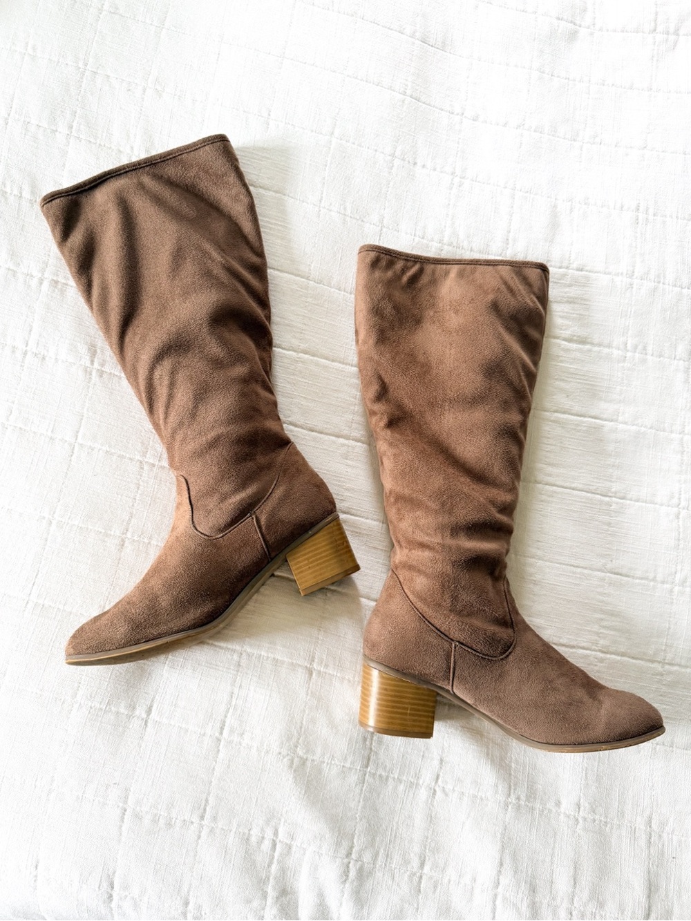 Taupe Brown Faux Suede Knee-High Boots Plush Lined Block Heel
